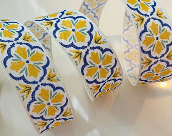 1.5” Spanish Tile Wired Ribbon: Blue, Green, Yellow #483 - Sold By The Yard