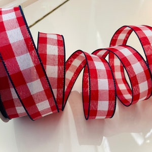 1.5” Red & White Plaid Wired Ribbon With Navy Blue Trim #196 - Sold By The Yard