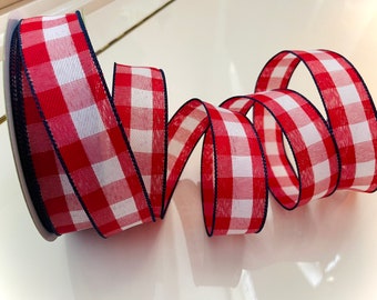 1.5” Red & White Plaid Wired Ribbon With Navy Blue Trim #196 - Sold By The Yard
