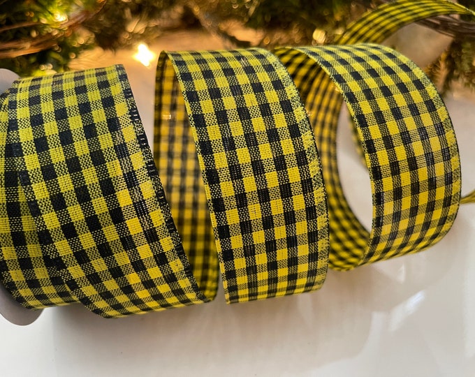 1.5" Black & Yellow Gingham Wired Ribbon #101 - 10 Yard Roll