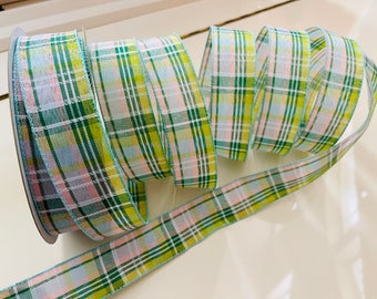1.5” Green, Pink, & Blue Plaid Wired Ribbon - Sold By The Yard