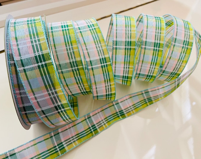 1.5” Green, Pink, & Blue Plaid Wired Ribbon - Sold By The Yard