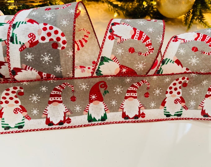 2.5” Christmas Gnome Wired Ribbon - Perfect for Gift Wrapping, Wreaths, Decor & Much More! - 10 Yard Roll