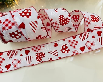 10 Yard Roll - 2.5” Heart Pattern Wired Ribbon: Red & White #9411