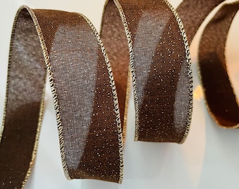1.5” Brown & Gold Glitter Wired Ribbon #944 - Sold By The Yard