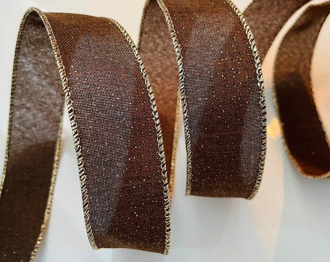 1.5” Brown & Gold Glitter Wired Ribbon #944 - Sold By The Yard