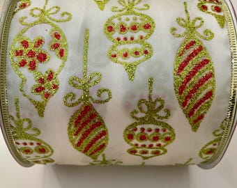 5” Red & Green Glitter Ornament Wired Ribbon