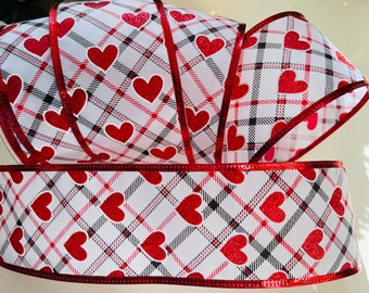 10 Yard Roll - 2.5" Plaid Wired Ribbon With Red Sparkle Hearts #307 - Perfect for Gift Wrapping, Wreaths, Decor & Much More!