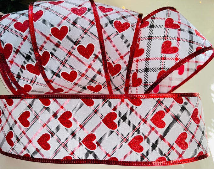 10 Yard Roll - 2.5" Plaid Wired Ribbon With Red Sparkle Hearts #307 - Perfect for Gift Wrapping, Wreaths, Decor & Much More!