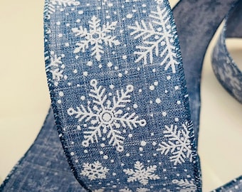 2.5” Glittery Snowflakes Denim Blue Wired Ribbon #704 - Sold By The Yard