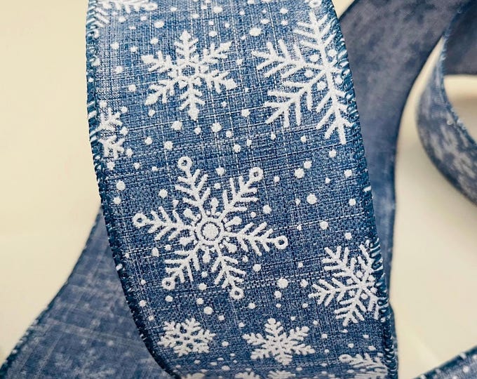 2.5” Glittery Snowflakes Denim Blue Wired Ribbon #704 - Sold By The Yard