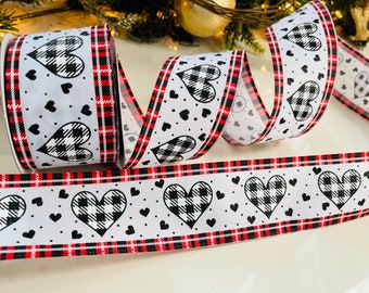 10 Yard Roll - 2.5" Gingham Hearts Wired Ribbon With Plaid Edge Black & Red #40