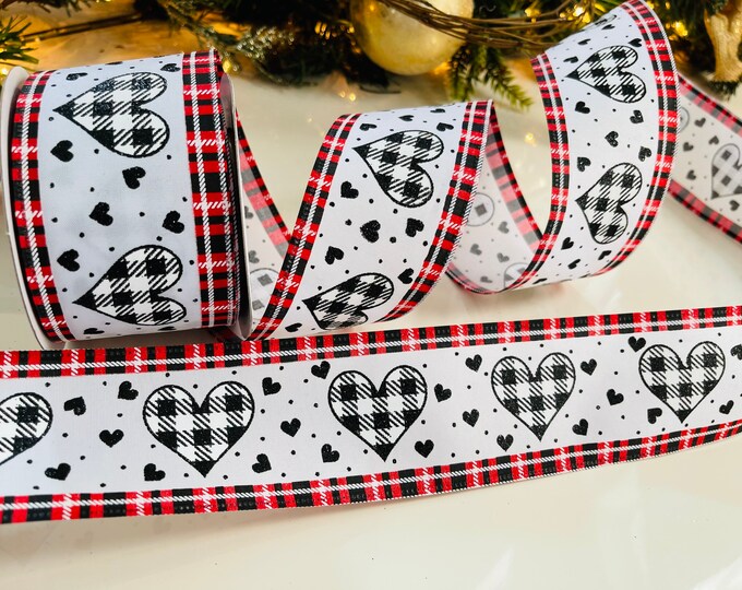 10 Yard Roll - 2.5" Gingham Hearts Wired Ribbon With Plaid Edge Black & Red #40