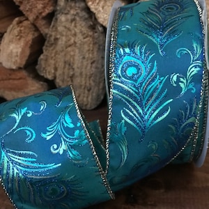 2.5” Peacock Feather Pattern Teal Sparkle Ribbon with Wired Edge #488