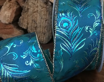 2.5” Peacock Feather Pattern Teal Sparkle Ribbon with Wired Edge #488 - Sold By The Yard