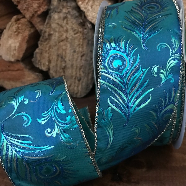 2.5” Peacock Feather Pattern Teal Sparkle Ribbon with Wired Edge #488