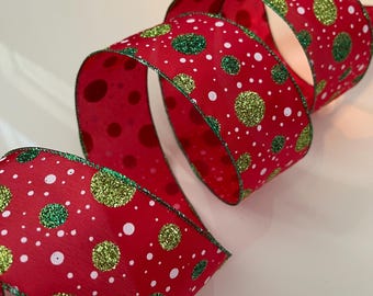 2.5” Glittery Polka Dot Wired Ribbon: Red, White, Glittery Green