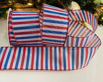 2.5" Red, Silver, & Blue Striped Wired Ribbon #38 - 10 Yard Roll