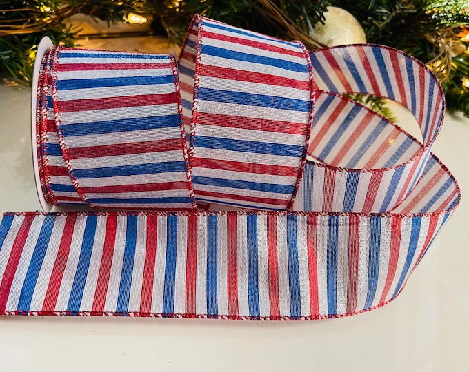 2.5" Red, Silver, & Blue Striped Wired Ribbon #38 - 10 Yard Roll