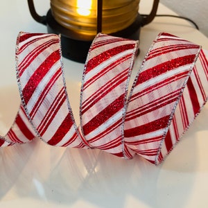 1.5” Sheer Glittery Striped Red & White Wired Ribbon #1267