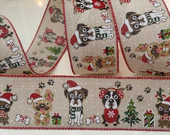2.5” Christmas Dogs Wired Ribbon: Red, Green, Gold, White, Beige, Brown #957 - Sold By The Yard
