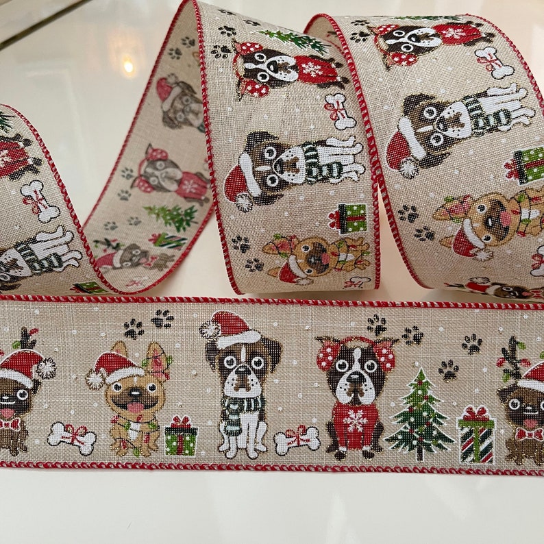 2.5” Christmas Dogs Wired Ribbon: Red, Green, Gold, White, Beige, Brown ...