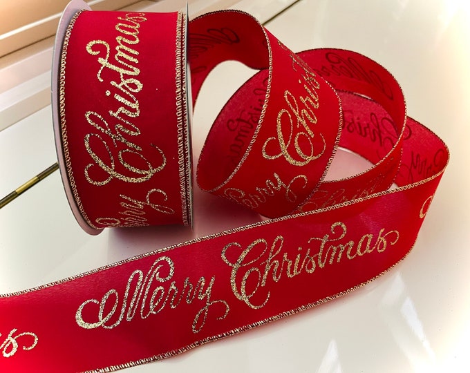 2.5” Red & Gold Merry Christmas Sparkle Wired Ribbon #495 - Sold By The Yard