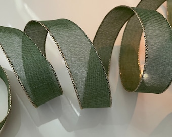 1.5” Olive Green with Gold Edge Wired Ribbon #746 - Sold By The Yard