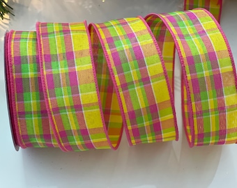 10 Yard Roll - 1.5” Plaid Wired Ribbon: Pink, Green, & Yellow #163