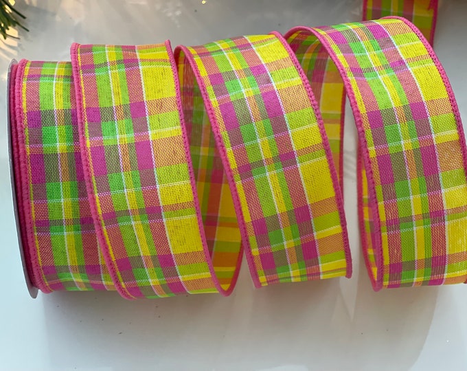 10 Yard Roll - 1.5” Plaid Wired Ribbon: Pink, Green, & Yellow #163