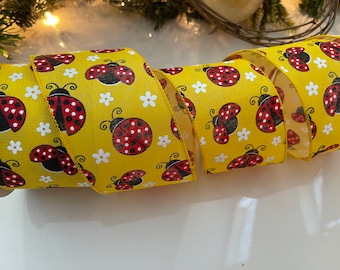 2.5” Yellow Wired Ribbon With Red Ladybugs - 10 Yard Roll #963
