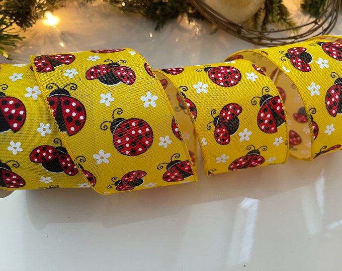 2.5” Yellow Wired Ribbon With Red Ladybugs - 10 Yard Roll #963
