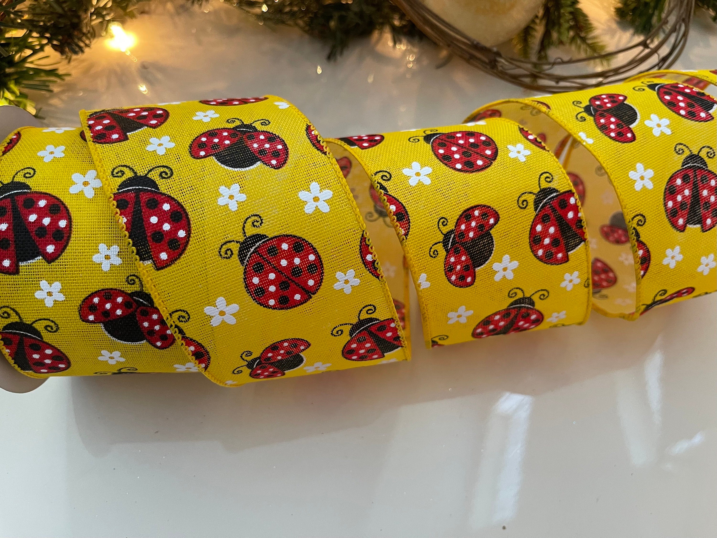 Ladybugs Summer Ribbon Quality Bow Ribbon FREE SHIPPING- 2.5 Wired Ribbon with Red Ladybugs on Yellow 5 Yards