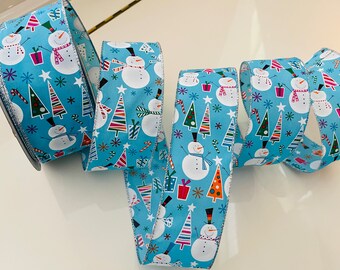 2.5” Snowman & Christmas Tree Blue Wired Ribbon #552 - Sold By The Yard