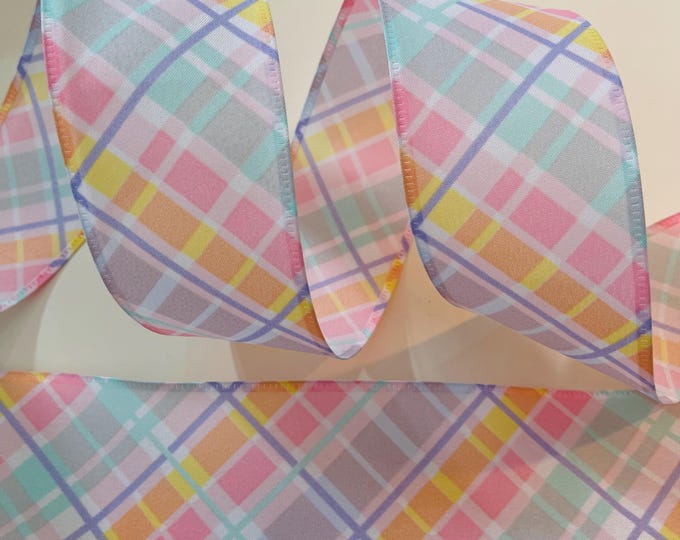 2.5" Colorful Easter Plaid Wired Ribbon: Yellow, Pink, Purple, Blue
