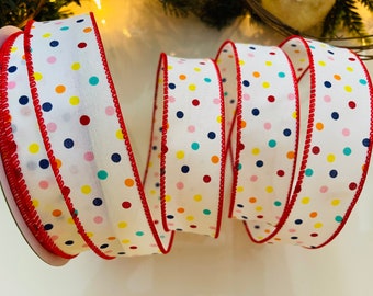 1.5” Colorful Polka Dots Wired Ribbon With Red Trim  #2027 - Sold By The Yard