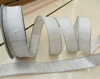 1.5” White & Silver Wired Ribbon - Sold By The Yard