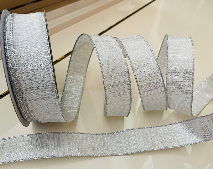 1.5” White & Silver Wired Ribbon - Sold By The Yard