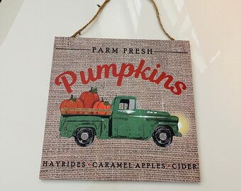 10” Square Wooden Farm Fresh Pumpkins Green Truck Wreath Sign