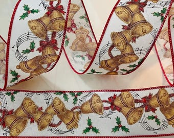 2.5” Christmas Bells & Music Notes Wired Ribbon: Red, Gold, Green, Black, White - Sold By The Yard