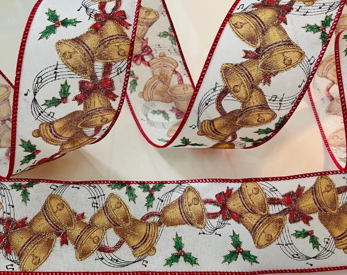 2.5” Christmas Bells & Music Notes Wired Ribbon: Red, Gold, Green, Black, White - Sold By The Yard