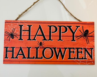 12” Wooden Happy Halloween Spider Wreath Sign: Orange & Black