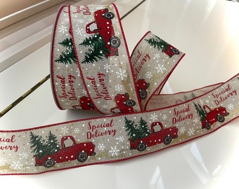 2.5” Christmas Wired Ribbon: Special Delivery Red Trucks & Christmas Trees #455 - Sold By The Yard