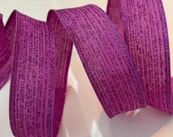 1.5” Purple Glitter Stripe Wired Ribbon - Sold By The Yard