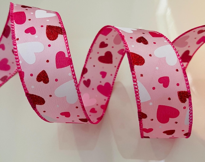 1.5” Red, Pink, & White, Heart Wired Ribbon