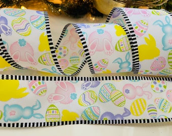 10 Yard Roll - 2.5” Easter Bunny Wired Ribbon: Pink, Purple, Blue, & Yellow #701