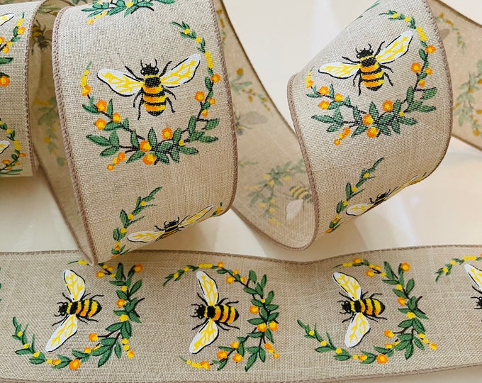 2.5” Bumble Bee Wired Ribbon: Yellow, Orange, Green, Beige #392 - Sold By The Yard