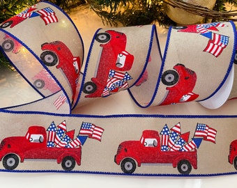 2.5” Red Trucks & Flags Wired Ribbon #544 - 10 Yard Roll