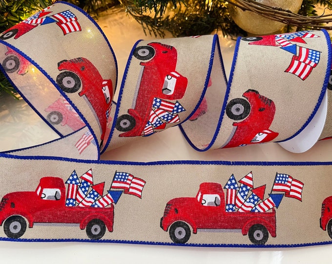 2.5” Red Trucks & Flags Wired Ribbon #544 - 10 Yard Roll