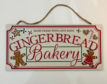 12” Wooden Gingerbread Bakery Wreath Sign: Brown, Cream, Red, Green, & Burgundy